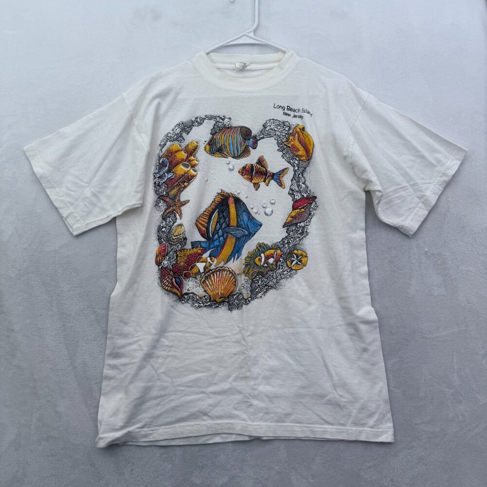 Vintage Long Beach Island T Shirt Men L White Fish Animals Nature New Jersey